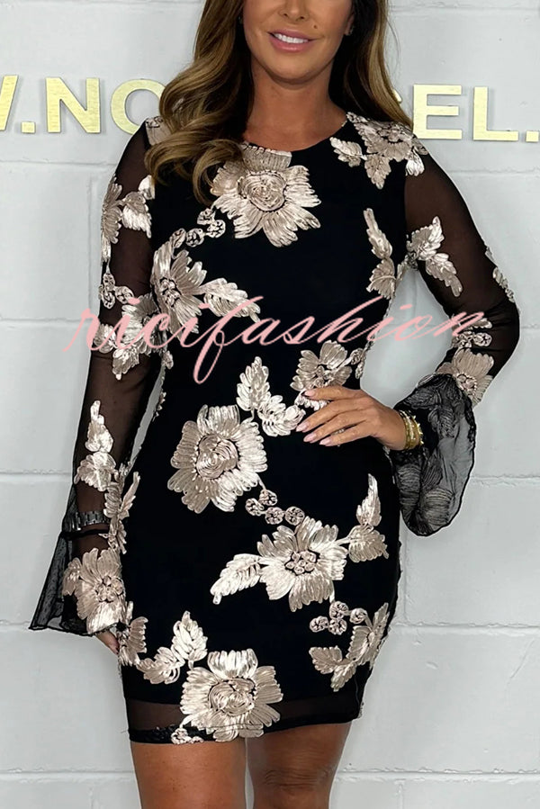 Embroidered Floral Crewneck Long Sleeve Fitted Mini Dress