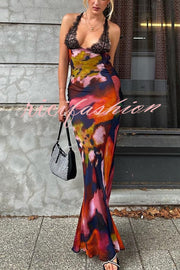 Rosalinda Abstract Floral Print Lace Patchwork Back Lace-up Maxi Dress