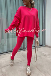 Solid Color Loose Long Sleeve SlitSweatshirt and Elastic Waist Tight Pants Set