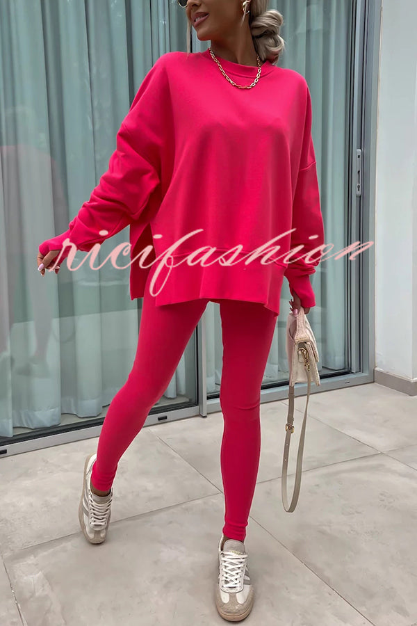 Solid Color Loose Long Sleeve SlitSweatshirt and Elastic Waist Tight Pants Set