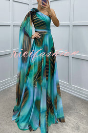 Lucia Unique Print Floral Detail One Shoulder Draped Sleeve Gown Maxi Dress