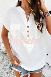 Simple Embroidered V Neck Pocket Button Down Short Sleeved Shirt