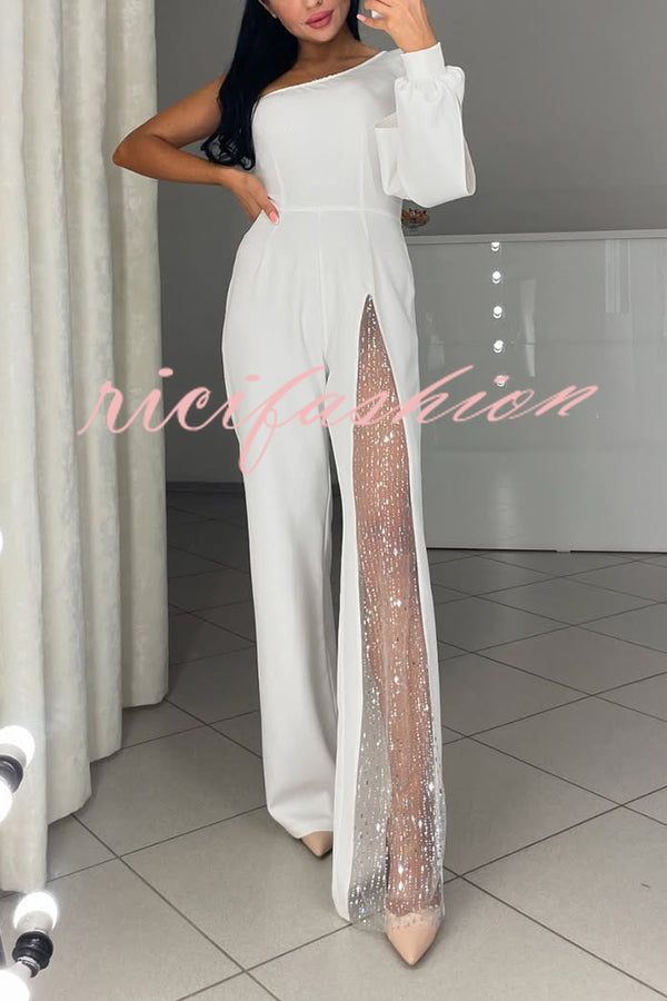 Fashionable Oblique Shoulder One-sleeve Sexy High Slit Slim Jumpsuit