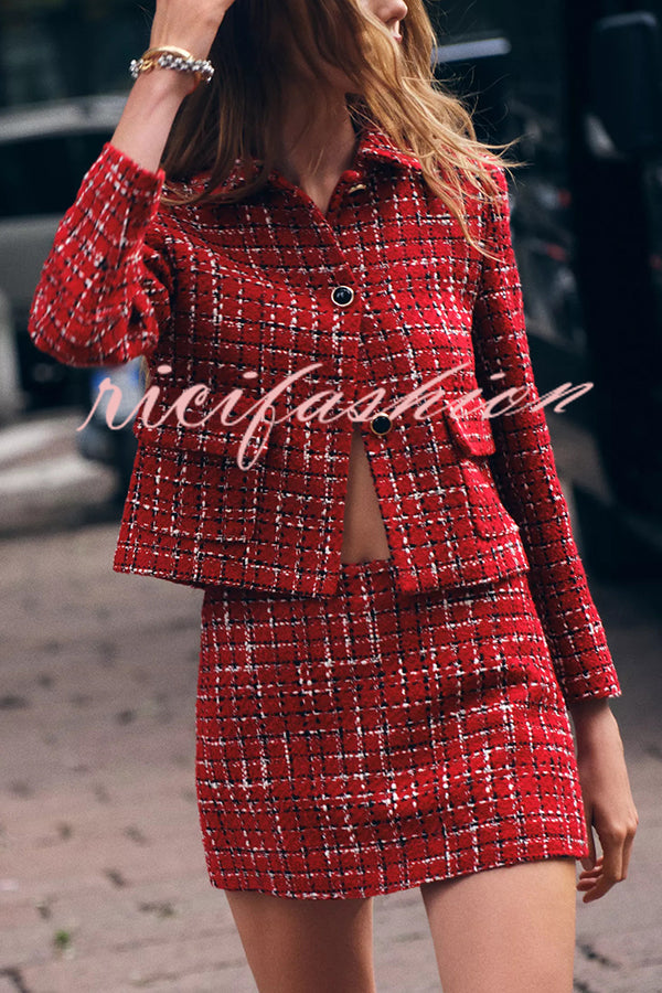 Fashionable Tweed Plaid Texture Casual Mini Skirt