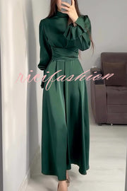 Solid Color Ruffled Sleeves Waisted Tie Slim Fit Maxi Dress