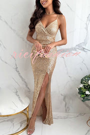 Look At The Bright Sequin V-neck Strap Slit Stretch Maxi Dress