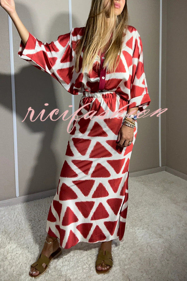 Harlen Satin Unique Printed Loose Shirt Top and Elastic Waist Maxi Skirt Set