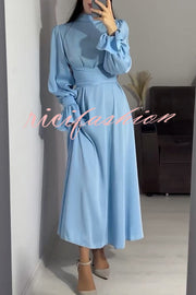 Solid Color Ruffled Sleeves Waisted Tie Slim Fit Maxi Dress