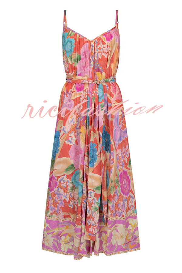 Painter's Garden Boho Floral Print Strappy A-line Maxi Dress