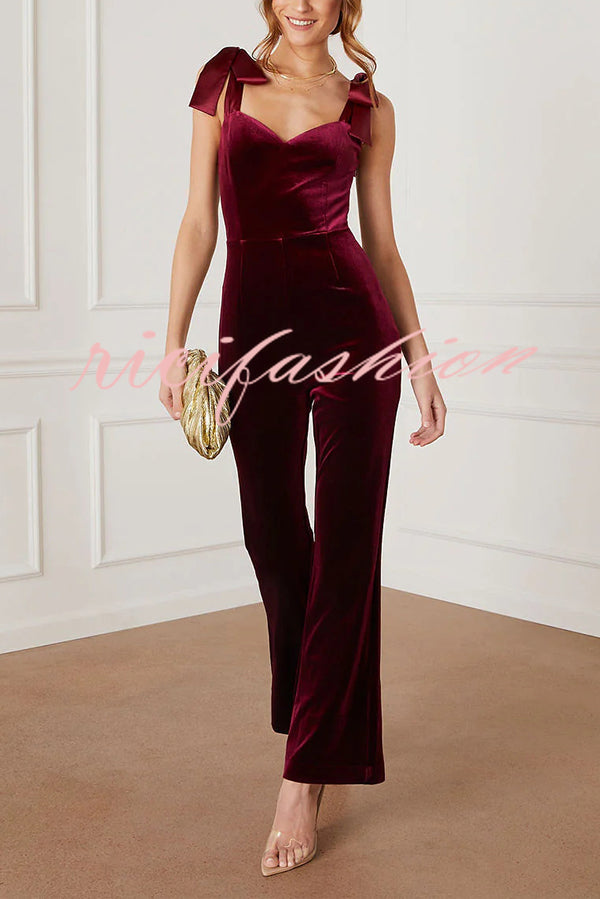 Merlot Sippin' Velvet Shoulder Tie Flare Stretch Jumpsuit