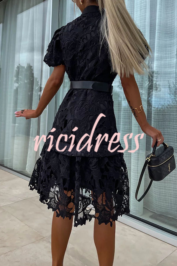 Absolutely Elegant Floral Crochet Lace Puff Sleeve Belted Shirt Midi Dress