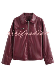 Fashion Lapel Long Sleeve Pocket Zipper Leather Jacket