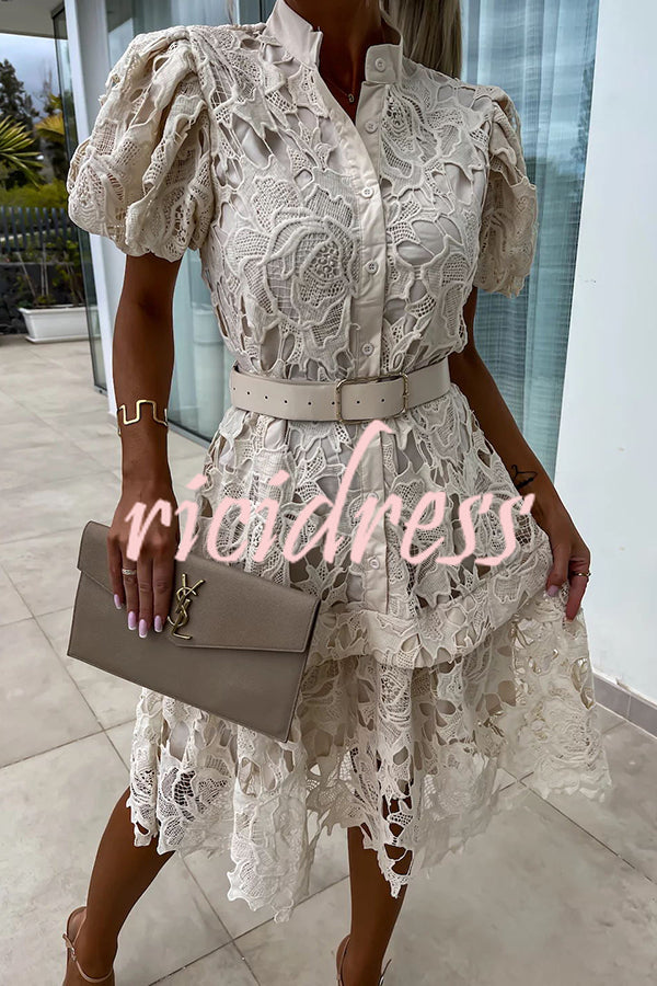 Absolutely Elegant Floral Crochet Lace Puff Sleeve Belted Shirt Midi Dress