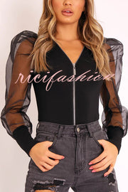 Solid Color Zip Front Sheer Puff Sleeves Bodysuit