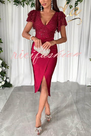 Dreamy Luxury Lace and Satin Patchwork Ruffle Sleeve Ruched Midi Dress