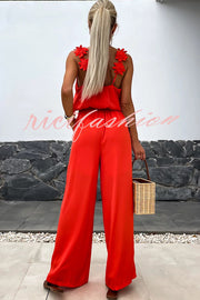 Solid Color Embroidered Flower Suspenders Casual Loose Jumpsuit