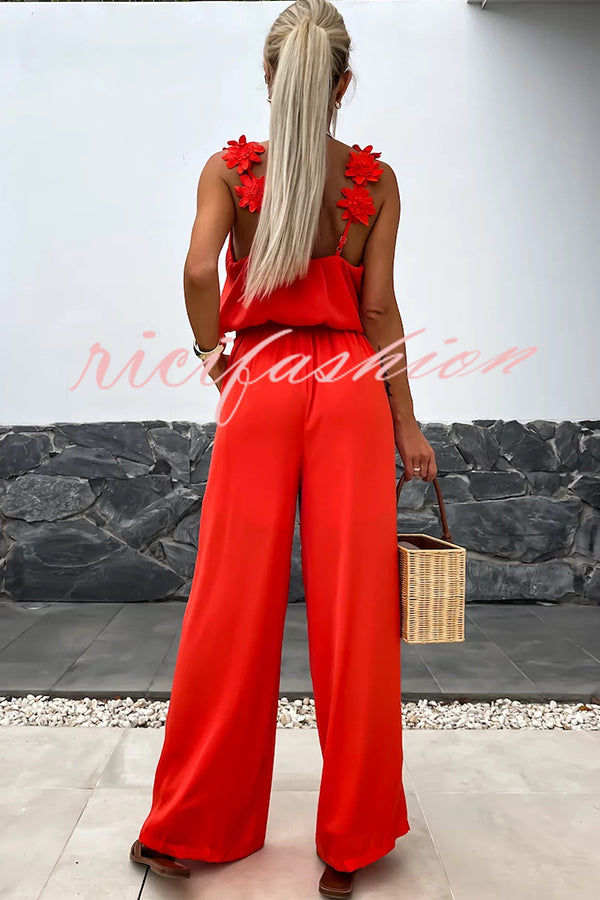 Solid Color Embroidered Flower Suspenders Casual Loose Jumpsuit