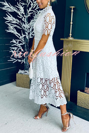 Elegant Crocheted Cutout Lace Short-sleeved Stand-collar Midi Dress