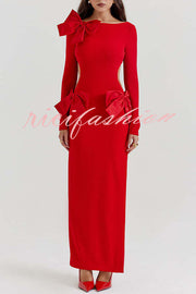 Lovely Bow Cutout Button Back Zipper Long Sleeve Maxi Dress