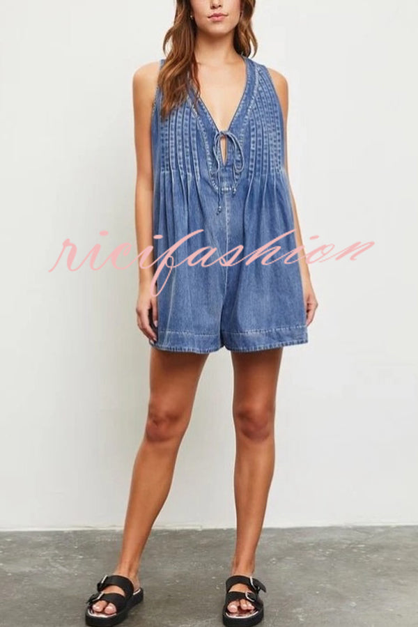 Downtown Daze Denim Pleated Tie-up Pocketed Loose Romper