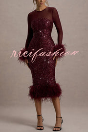 Glamor and Drama Mesh Sequin Patchwork Feather Trim Stretch Midi Dress