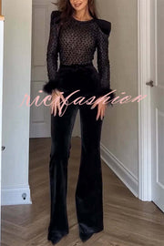 Monique Fish Scale Lace Sequin Velvet Patchwork Feather Trim Belted Stretch Flare Jumpsuit