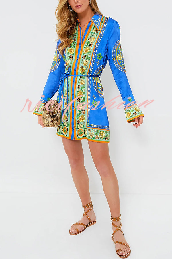 Katia Satin Unique Print Shaped Collar Tie-up Waist Shirt Mini Dress