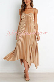 Solid Color Sexy Suspender Pleated Irregular Midi Dress