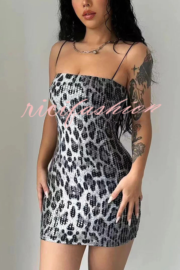 Leopard Print Sequin Sexy Sling Slim Fit Mini Dress