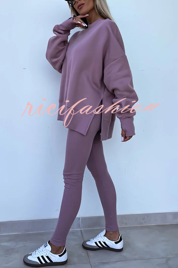 Solid Color Loose Long Sleeve SlitSweatshirt and Elastic Waist Tight Pants Set