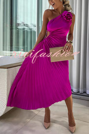 Romantic Nights Satin Raised Flower Elastic Cutout One Shoulder Pleated Maxi Dress