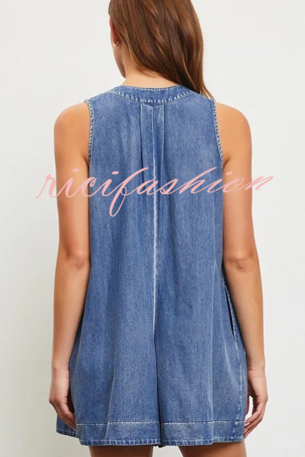 Downtown Daze Denim Pleated Tie-up Pocketed Loose Romper