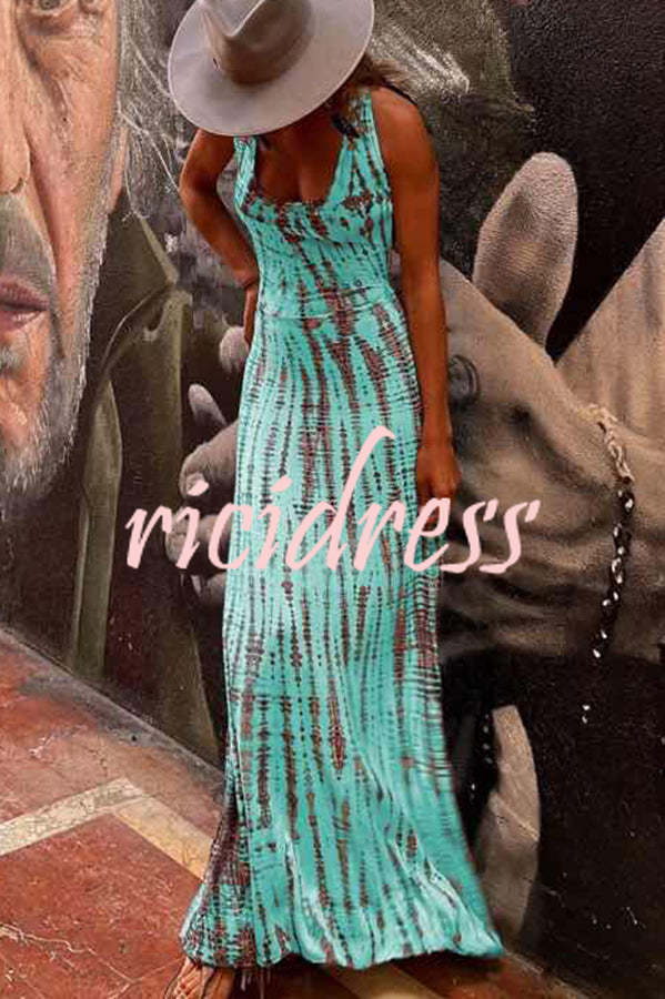 Modern Day Tie-dye Print Back Lace-up Stretch Maxi Dress