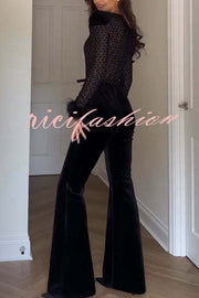 Monique Fish Scale Lace Sequin Velvet Patchwork Feather Trim Belted Stretch Flare Jumpsuit