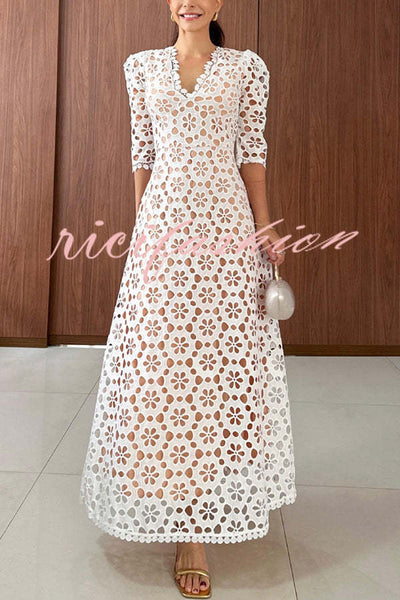 Best Day Ever Crochet Floral Lace Puff Sleeve Lined Maxi Dress