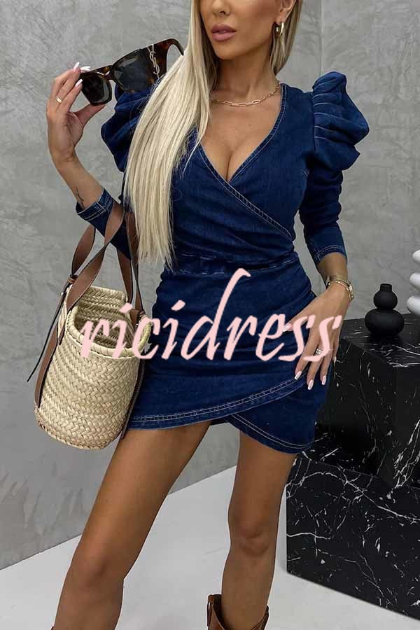 All The Best Denim Puff Sleeve Ruched Stretch Mini Dress