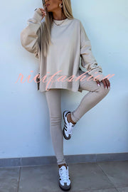 Solid Color Loose Long Sleeve SlitSweatshirt and Elastic Waist Tight Pants Set