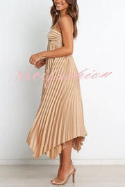 Solid Color Sexy Suspender Pleated Irregular Midi Dress