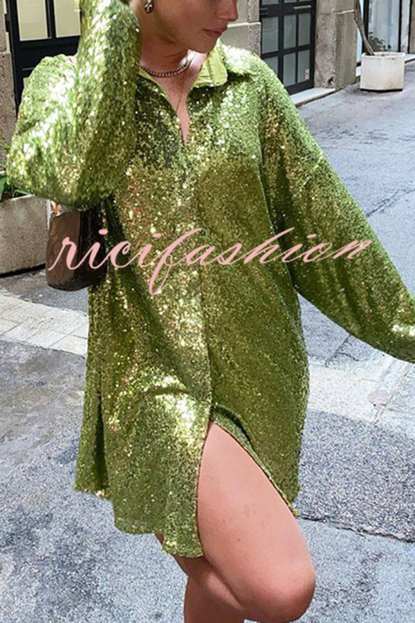 Solid Color Sequined Long-sleeved Casual Mid-length Loose Shirt