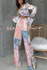 Unique Ethnic Print Long-sleeved Shirt and Elastic Waist Pants Set