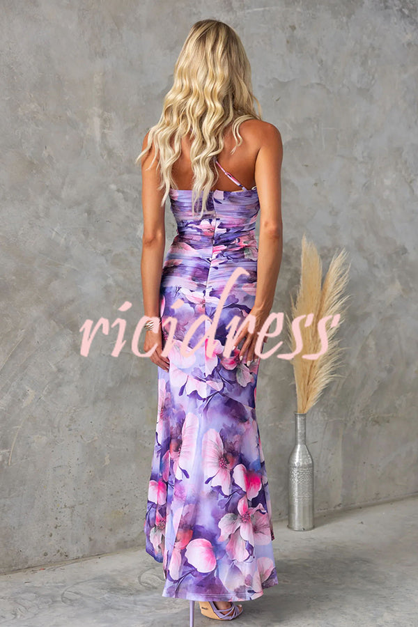 Deja Mesh Overlay Floral Print One Shoulder Ruched Stretch Maxi Dress