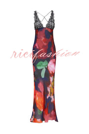 Rosalinda Abstract Floral Print Lace Patchwork Back Lace-up Maxi Dress