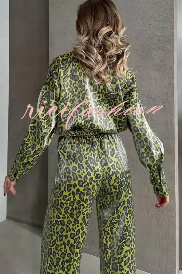 Leopard Print Long-sleeved Casual Top and Loose Elastic Waist Tie Pants Set