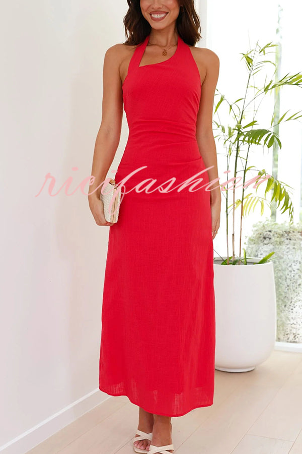 Solid Color Sleeveless Halter Neck Backless Slim Fit Maxi Dress