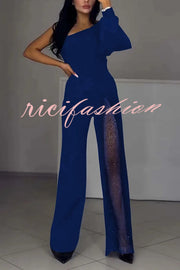 Fashionable Oblique Shoulder One-sleeve Sexy High Slit Slim Jumpsuit