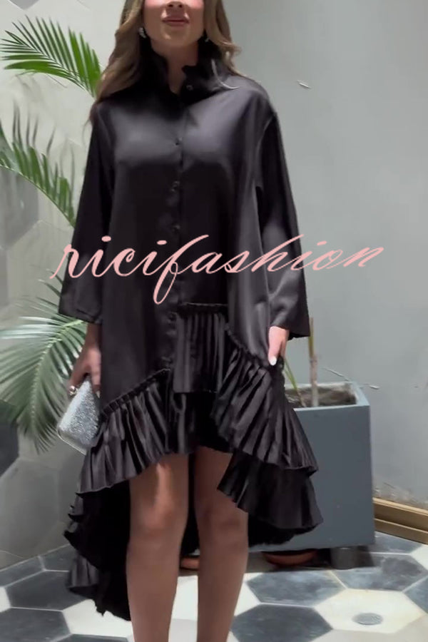 Solid Color Palace Style Loose Irregular Pleated Hem Mini Dress