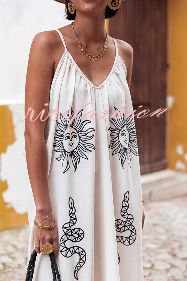 Marisol Linen Blend Unique Print A-line Slip Loose Maxi Dress