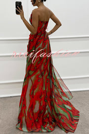 Amazing Views Watercolor Print Feather Rose Detail Off Shoulder Pleated Slit Maxi Dress