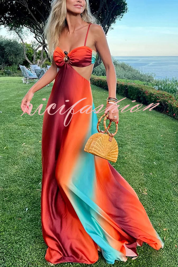 Neon Sunset Printed Metal Decoration Cutout Back Tie-up Vacation Maxi Dress