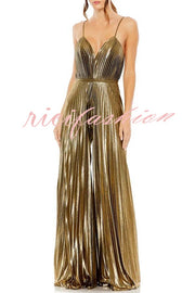 Disco Fashion Metallic Fabric Pleated Pocket Slip Wide Leg Jumpsuit